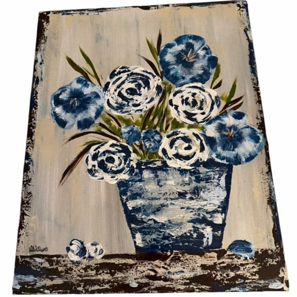 Original Acrylic Canvas Art Large Blue Blooms Impressionism - Picture 2 of 12